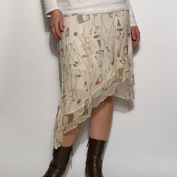 Vintage Y2K Real Silk ATOMIC Print Asymmetrical Skirt -- Small to Medium - Picture 2 of 9